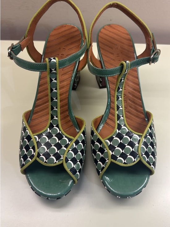 Chie Mihara Shoes - Chie Mihara Green Patterned T-Strap Heels with Olive Trim